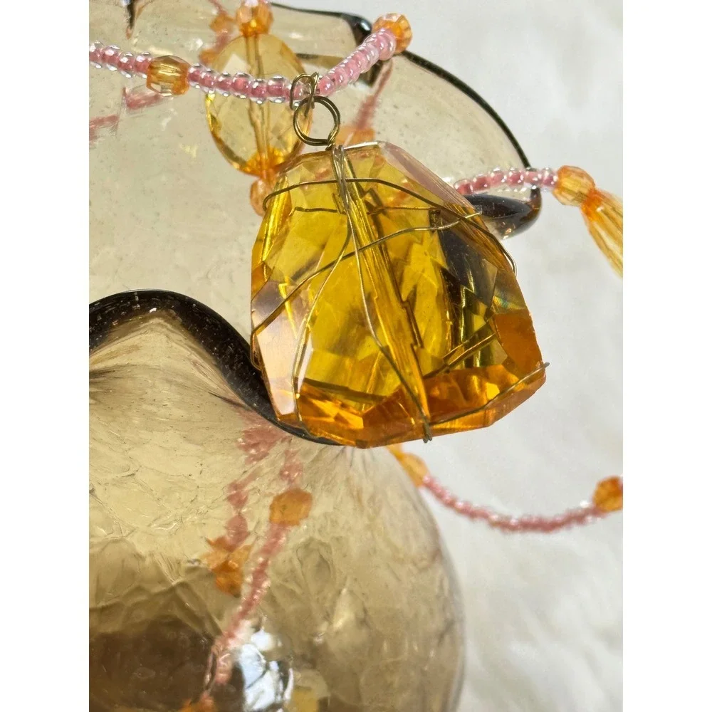 Handmade Amber Crystal‎ Wire Wrapped Beaded Eyeglass Chain Necklace Pink Gold